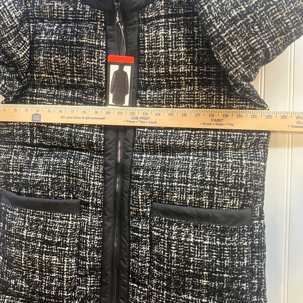 Bernardo Womens Tweed Puffer Coat Black White Mixed Media Mid Length Parka M NEW - Picture 15 of 15